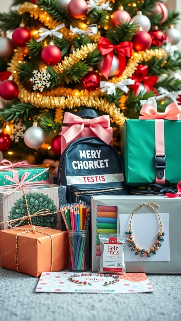A collection of Christmas gifts for a 13-year-old girl, including a backpack, art supplies, and jewelry, under a decorated Christmas tree.